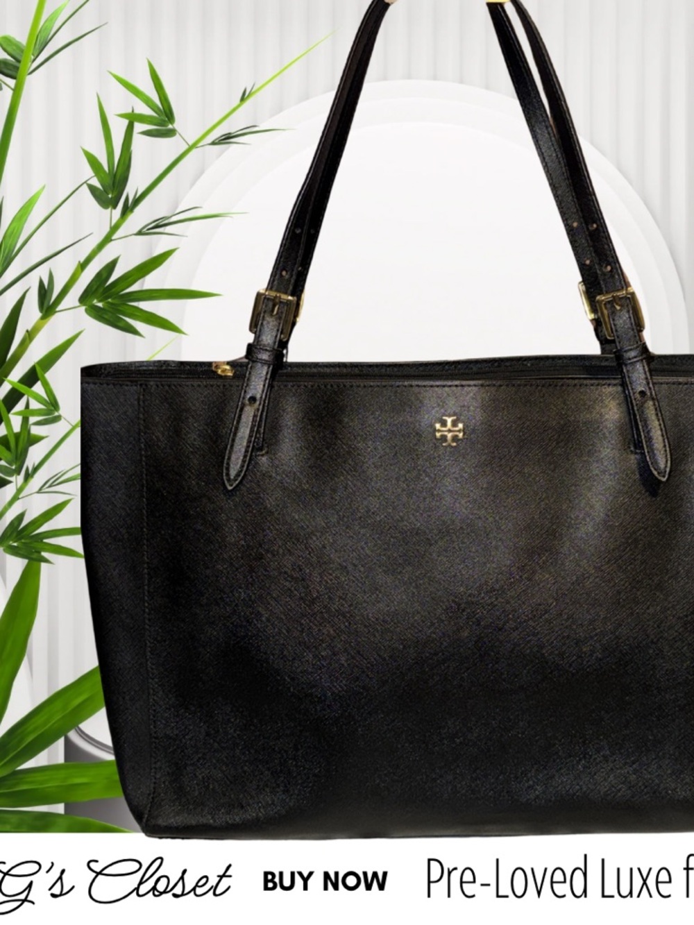 Tory Burch Black Leather Double-Handle Tote with Gold Logo